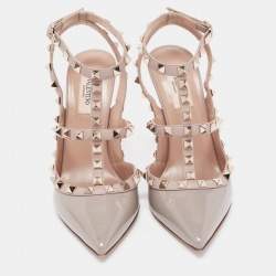Pre Owned Valentino Grey Patent Leather Rockstud Sandals Size 38.5