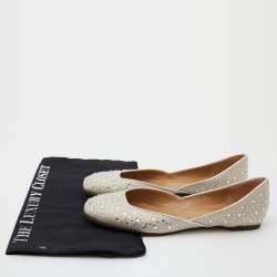 Pre Owned Valentino Off White Metallic Fabric Crystal Embellished Ballet Flats Size 37.5