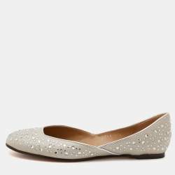 Valentino Off White Metallic Fabric Crystal Embellished Ballet Flats Size 37.5