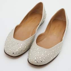Pre Owned Valentino Off White Metallic Fabric Crystal Embellished Ballet Flats Size 37.5