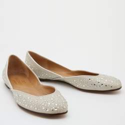 Pre Owned Valentino Off White Metallic Fabric Crystal Embellished Ballet Flats Size 37.5