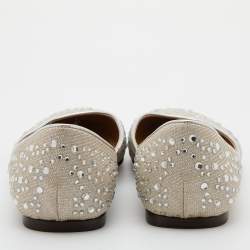 Pre Owned Valentino Off White Metallic Fabric Crystal Embellished Ballet Flats Size 37.5