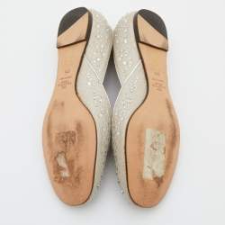 Pre Owned Valentino Off White Metallic Fabric Crystal Embellished Ballet Flats Size 37.5