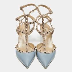Pre Owned Valentino Blue/Beige Leather Rockstud Ankle Strap Pumps Size 39.5