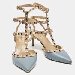 Pre Owned Valentino Blue/Beige Leather Rockstud Ankle Strap Pumps Size 39.5