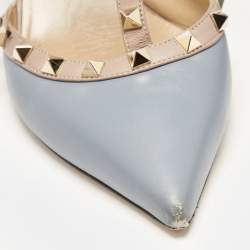 Pre Owned Valentino Blue/Beige Leather Rockstud Ankle Strap Pumps Size 39.5