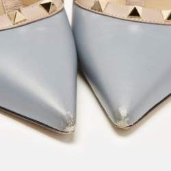 Pre Owned Valentino Blue/Beige Leather Rockstud Ankle Strap Pumps Size 39.5
