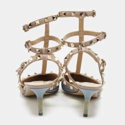 Pre Owned Valentino Blue/Beige Leather Rockstud Ankle Strap Pumps Size 39.5