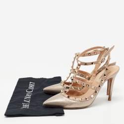Pre Owned Valentino Metallic Pink Leather Rockstud Ankle Strap Pumps Size 37.5