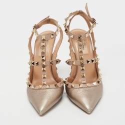 Pre Owned Valentino Metallic Pink Leather Rockstud Ankle Strap Pumps Size 37.5