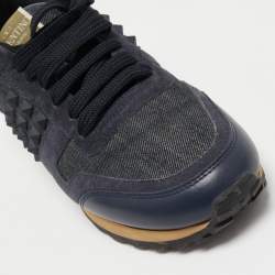 Pre Owned Valentino Navy Blue Leather and Suede Rockrunner Sneakers Size 36.5