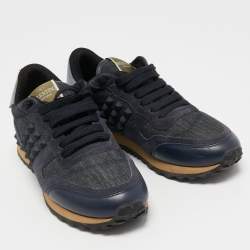 Pre Owned Valentino Navy Blue Leather and Suede Rockrunner Sneakers Size 36.5