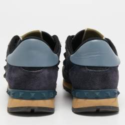 Pre Owned Valentino Navy Blue Leather and Suede Rockrunner Sneakers Size 36.5
