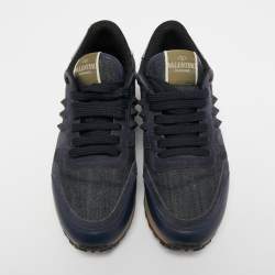 Pre Owned Valentino Navy Blue Leather and Suede Rockrunner Sneakers Size 36.5