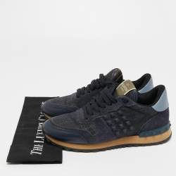 Pre Owned Valentino Navy Blue Leather and Suede Rockrunner Sneakers Size 36.5