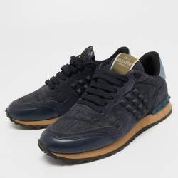 Pre Owned Valentino Navy Blue Leather and Suede Rockrunner Sneakers Size 36.5