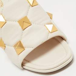 Pre Owned Valentino Cream Leather Rockstud Slide Sandals Size 37