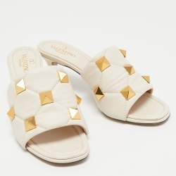 Pre Owned Valentino Cream Leather Rockstud Slide Sandals Size 37