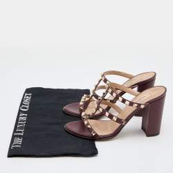 Pre Owned Valentino Burgundy Leather Rockstud Block Heel Slide Sandals Size 36.5