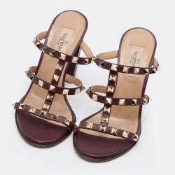 Pre Owned Valentino Burgundy Leather Rockstud Block Heel Slide Sandals Size 36.5