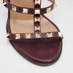Pre Owned Valentino Burgundy Leather Rockstud Block Heel Slide Sandals Size 36.5