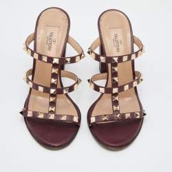 Pre Owned Valentino Burgundy Leather Rockstud Block Heel Slide Sandals Size 36.5