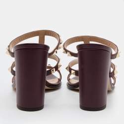 Pre Owned Valentino Burgundy Leather Rockstud Block Heel Slide Sandals Size 36.5