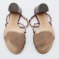 Pre Owned Valentino Burgundy Leather Rockstud Block Heel Slide Sandals Size 36.5