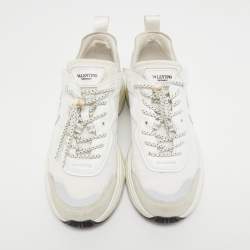 Pre Owned Valentino White/Grey Leather and Suede Lace Up Sneakers Size 39.5