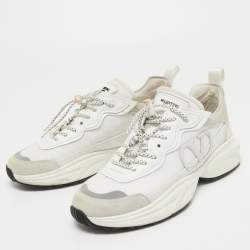 Pre Owned Valentino White/Grey Leather and Suede Lace Up Sneakers Size 39.5