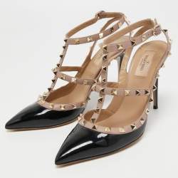 Pre Owned Valentino Black Patent Leather Rockstud Ankle Strap Pumps Size 40.5