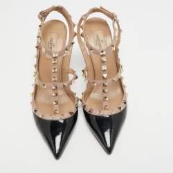 Pre Owned Valentino Black Patent Leather Rockstud Ankle Strap Pumps Size 40.5