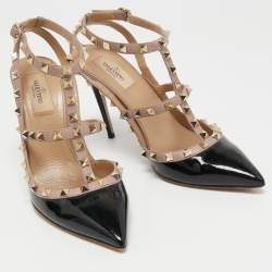 Pre Owned Valentino Black Patent Leather Rockstud Ankle Strap Pumps Size 40.5