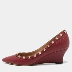 Pre Owned Valentino Burgundy Leather Rockstud Wedge Pumps Size 38