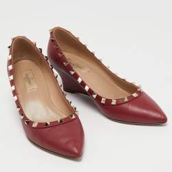 Pre Owned Valentino Burgundy Leather Rockstud Wedge Pumps Size 38
