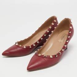 Pre Owned Valentino Burgundy Leather Rockstud Wedge Pumps Size 38