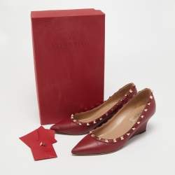 Pre Owned Valentino Burgundy Leather Rockstud Wedge Pumps Size 38