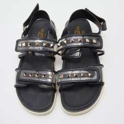 Pre Owned Valentino Black Leather and PVC Rockstud Ankle Strap Sandals Size 40