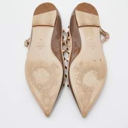 Pre Owned Valentino Brown/Beige Patent Leather Rockstud Caged Ballet Flats Size 38