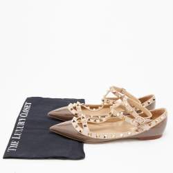 Pre Owned Valentino Brown/Beige Patent Leather Rockstud Caged Ballet Flats Size 38
