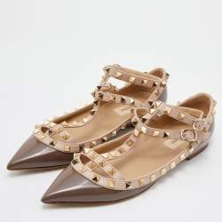 Pre Owned Valentino Brown/Beige Patent Leather Rockstud Caged Ballet Flats Size 38