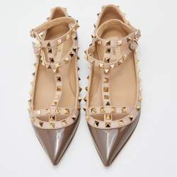 Pre Owned Valentino Brown/Beige Patent Leather Rockstud Caged Ballet Flats Size 38