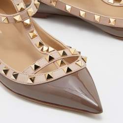 Pre Owned Valentino Brown/Beige Patent Leather Rockstud Caged Ballet Flats Size 38