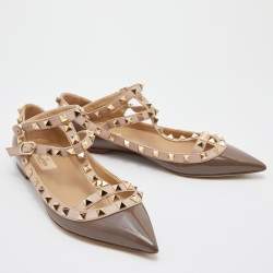 Pre Owned Valentino Brown/Beige Patent Leather Rockstud Caged Ballet Flats Size 38