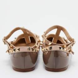 Pre Owned Valentino Brown/Beige Patent Leather Rockstud Caged Ballet Flats Size 38