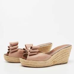 Pre Owned Valentino Pink Leather Studded Bow Espadrille Slide Sandals Size 40.5