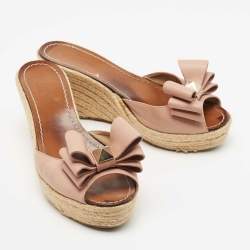 Pre Owned Valentino Pink Leather Studded Bow Espadrille Slide Sandals Size 40.5