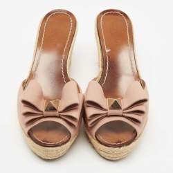 Pre Owned Valentino Pink Leather Studded Bow Espadrille Slide Sandals Size 40.5