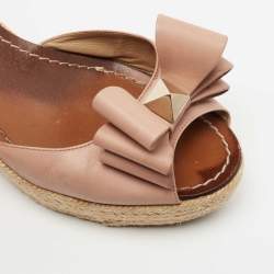 Pre Owned Valentino Pink Leather Studded Bow Espadrille Slide Sandals Size 40.5