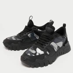 Pre Owned Valentino Black/Grey Camo Print Canvas and Leather Rockrunner Plus Sneakers Size 39